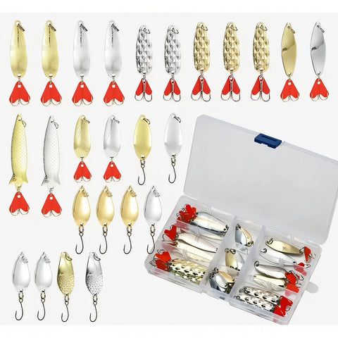 25pcs Fishing Spoons Metal Lures Kit with Hook Tackle Box, Spoons Hard Fishing Lures, Metal Fishing Lure, Metal Fishing Sequin Lures Baits for Trout, Panfish, Bass,Blackfish