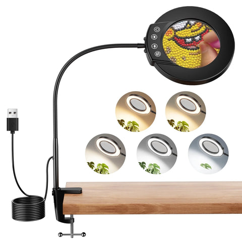 10X Magnifying Glass Lamp with Light and Stand, 5Color Modes & 5 Brightness Levels, Adjustable Swivel Arm for Close Work, Reading, Crafts, Repairing