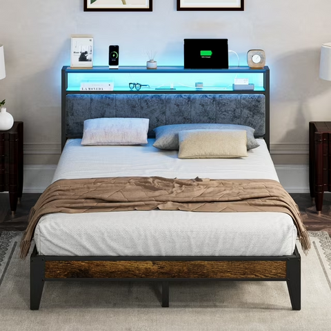 OLEVS Queen Bed Frame, Queen Size Platform Metal with Headboard & LED Light, Type C & USB Charging Station Adult