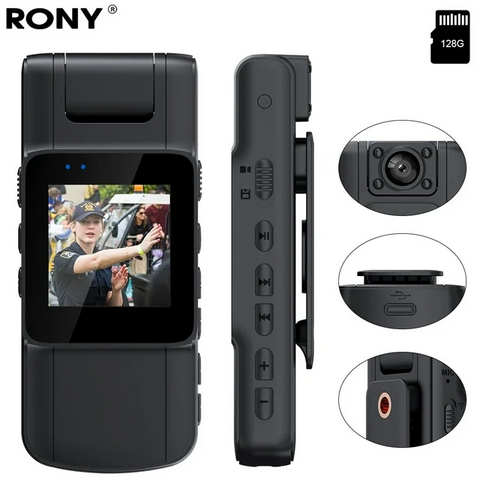 RONY 128GB 180° Rotate Mini Body Camera - 1080p Wearable Camcorder with Night Vision - Long Battery Life Audio Video Camera for Daily Records