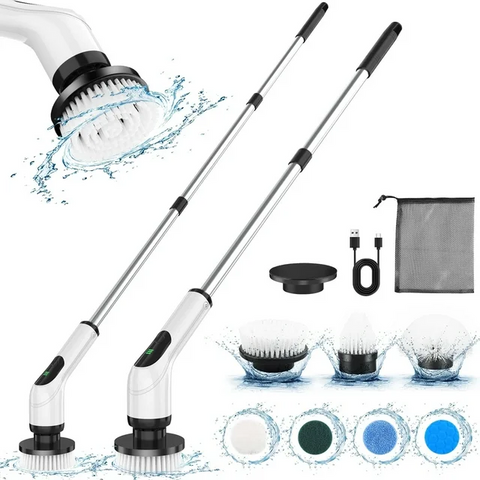 RONY Cordless Spin Scrubber Kit with 8 Replaceable Cleaning Brush Heads, White, New for Shower Bathroom Tub Tile Car