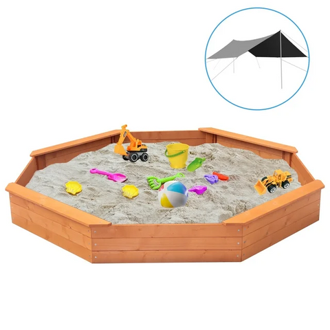 Large Outdoor Sandbox 84.5"x 77"x 9.02" Octagon Wooden Sand Pit for Kids with Canopy Tarp