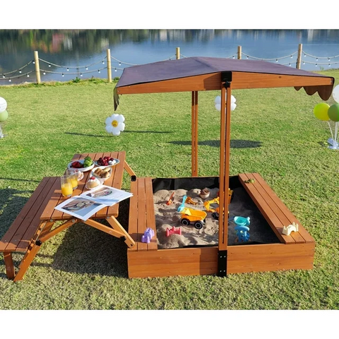 Outdoor Kids Sandbox with Picnic Table Foldable Sand Box with Canoppy Wooden Sand Pit with Lid Cover