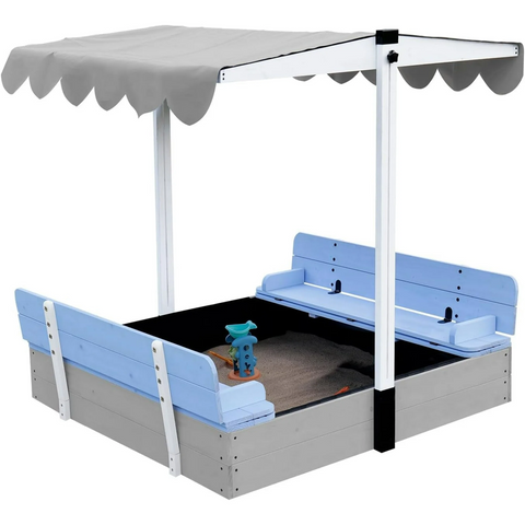 Wooden Sandbox with Lid, Sand Box for Kids Sand Pit with Cover, 2 Foldable Bench with Canopy Adjustable Roof Bottom Liner, Blue