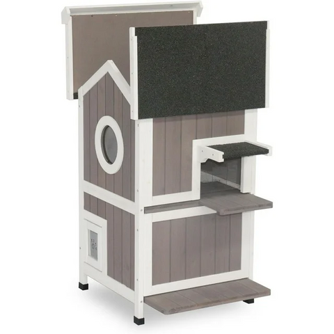 2 Story Outdoor Cat House for Winter Weatherproof Feral Cat Enclosure Shelter with Escape Door Balcony Openable Roof