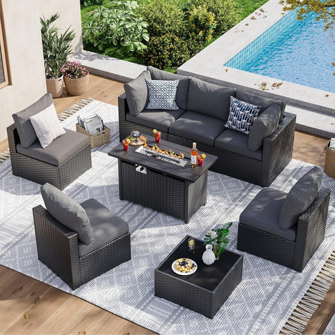 Aoxun 8 Piece Patio Furniture Set with 44” Fire Pit Table Wicker Rattan Patio Sectional Sofa Set Outdoor Seating Furniture with 4'' Thickened Cushion, Gray (Include Waterproof Cover)
