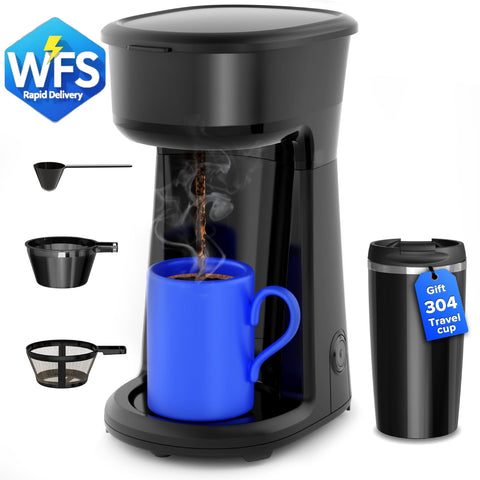 Auseo Mini Single Serve Coffee Maker Personal, 14Oz. Thermal Travel Mug with Stainless Steel Interior, Compatible with Coffee Grounds(Not Compatible with K-Cups), Reusable Filter, Black