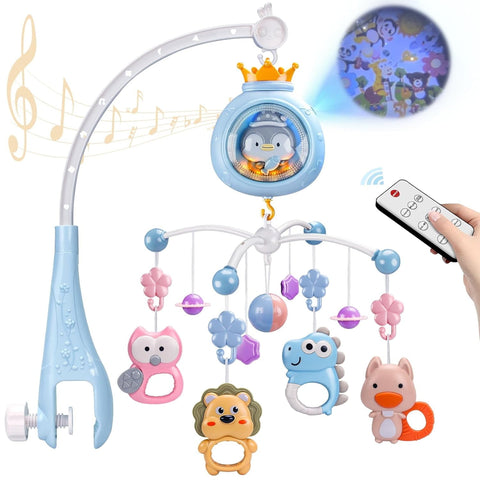Baby Crib Mobile with Music and Lights, Mobile for Crib with Remote Control and Animal Projection, Hanging Rotating Animals Rattles, Baby Crib Toys for Boy Girl Newborn (Blue)