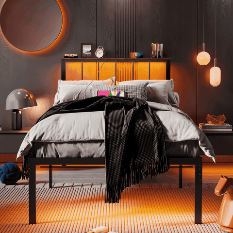 Behost Heavy Duty Twin Bed Frame with Storage Headboard, Charging Station and LED Light, No Box Spring Required, Black