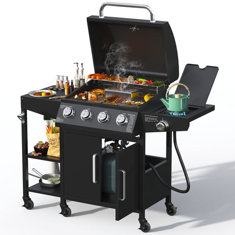 Brefac 4 Burner Propane Gas Grill with 3 Tier Shelf, 50000 BTU Outdoor Cooking Stainless Steel BBQ Grills Cabinet,Can be Placed Smoke Box,Black