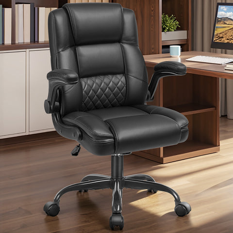 COOLHUT Office Chair, Executive Leather Chair Home Office Desk Chairs, Computer Chair with Adjustable Flip-up Padded Arms, Lumbar Support Swivel Desk Chair with Adjustable Hight and Tilt, Black