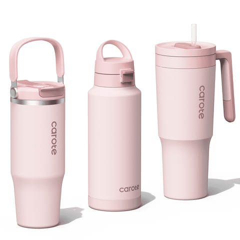 Carote 3-Pack Insulated Stainless Steel Tumbler Set with Lids, Straws & Handles (40oz,32oz,32oz) Double Wall Vacuum, Leakproof,Pink