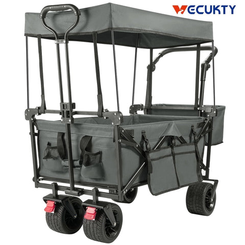 VECUKTY Collapsible Garden Wagon Cart with Removable Canopy Gray