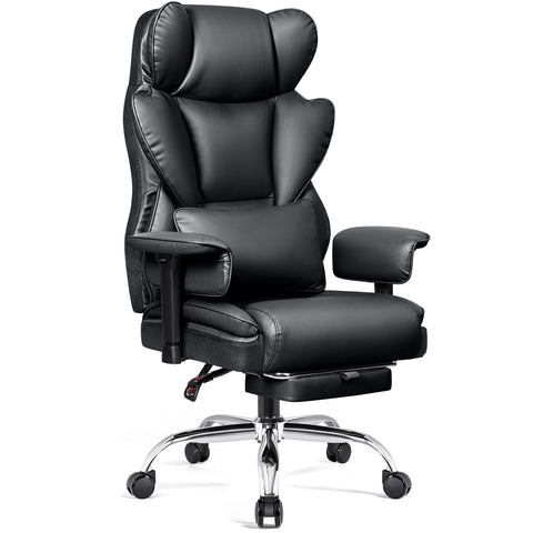 CoolHut Large Executive Leather Office Chair with Adjustable Armrests and Footrest, High Back and Lumbar Support, Ideal for Big and Tall Users, Perfect for Home Office or Computer Desk Use, Black