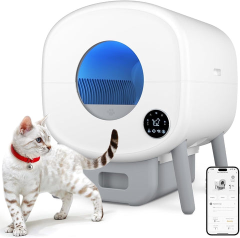 Self Cleaning Litter Box, 95 L Automatic Cat Litter Box Self Cleaning for Multiple Cats, with Safety Protection, App Control,1 Roll Garbage Bags,White & Grey