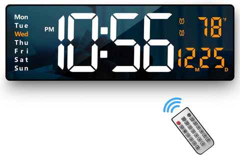 DOQAUS 15" Digital Wall Clock, Large Display LED Digital Clock with Remote Control, for Living Room Decor, Automatic Brightness Dimmer with Date Week Temperature Alarm clock Timer (Orange)