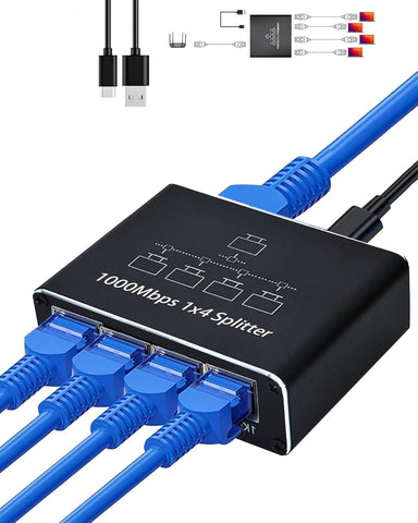Duomigo Ethernet Splitter 1 to 4, 1000Mbps High-Speed Network Distributor with USB Power, Supports 4 Devices Simultaneously