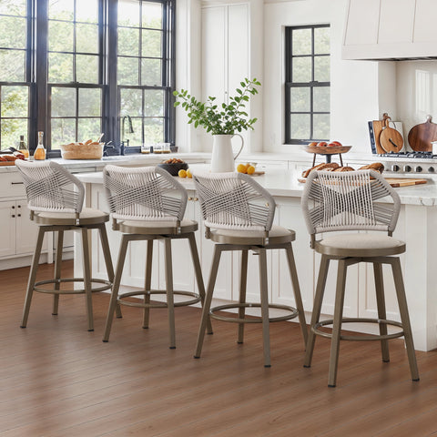 Dycanpo 26' Outdoor Bar Stools,Swivel Counter Height Stools Set of 4 with Woven Backrest&Footrest,Beige