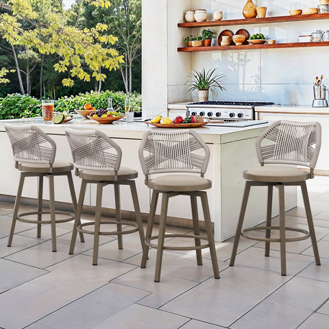 Dycanpo Outdoor Bar Stools Set of 4,26' Swivel Counter Stools with Woven Backrest & Footrest,Beige