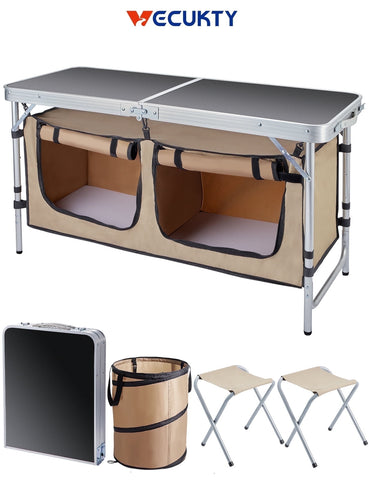 Vecukty Portable Camping Table Set - Aluminum Kitchen Station w/ Storage, Adjustable Feet & Trash Can, brown