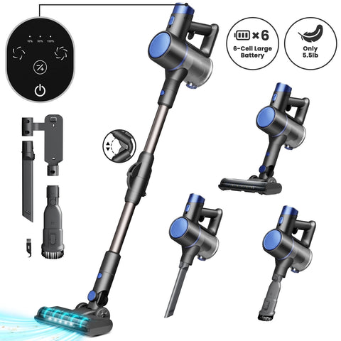 KISSAIR Cordless Vacuum Cleaners for Home 50min 2200mah Lightweight 5.5lb Led Display Screen Stick Vacuum Cleaners Hardwood Floor Carpet Pet Hair, Blue