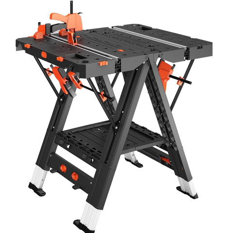 LARBANKE Heavy-Duty 2-in-1 Folding Workbench 31x25x32in Waterproof, Adjustable Height w/4 Clamps & Blocks | Garage & Outdoor Work Table