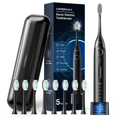 Operan Electric Sonic Toothbrush for Adults with 5 Modes, IPX7 Waterproof, 8 Brush Heads, Travel Case, Black