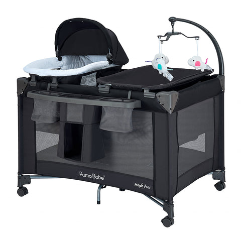 Pamo Babe Baby Playard Magic Fold 1 Step Bassinet & Changing Table for Newborn, 4-Panels (Black)