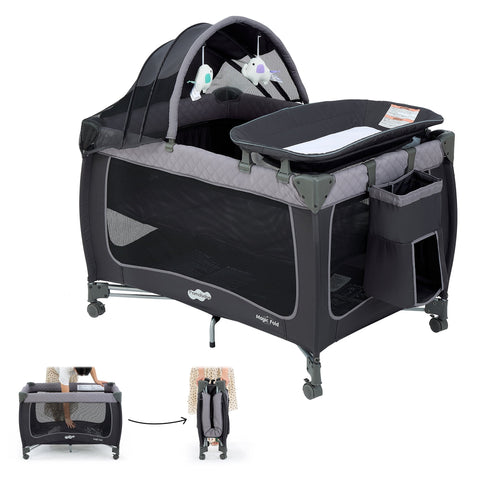 Pamo Babe Baby Playard, Magic Fold 1 Step Portable Playpen Changing Table for Newborn, Four-Panels