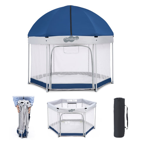 Pamo Babe Unisex Premium Indoor and Outdoor Baby Playpen - Portable, Lightweight, Toddler Play Yard With Canopy and Travel Bag - Blue
