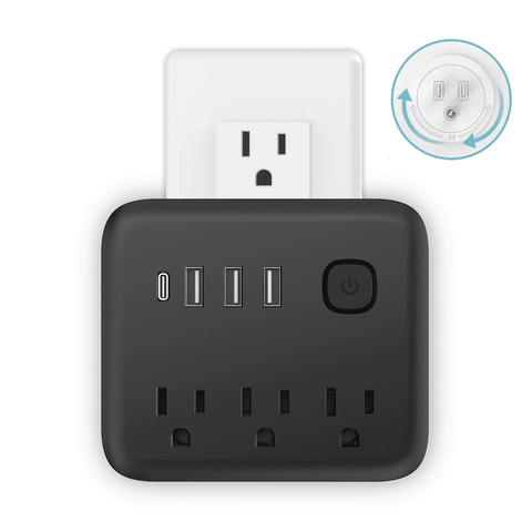 Outlet Extender Surge Protector - Multi Plug Outlet with Rotating Plug, 3-Sided Swivel Power Strip with 3 AC Spaced Outlet Splitter and 3 USB Ports (1 USB C) for Travel, Home, Office,ETL(Black)