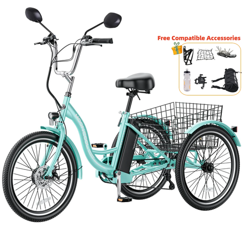 Lilypelle Electric Tricycle for Adults, 350W 36V Electric Trike Motorized Three Wheel Electric Bicycle, 7 Speeds 3 Wheels Adult Electric Tricycle with Large Basket,Cyan
