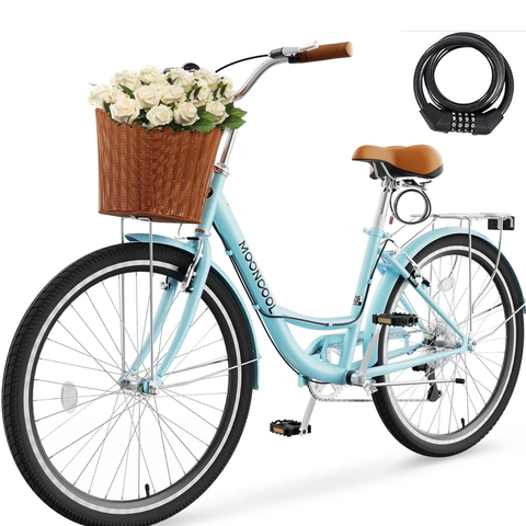 Lilypelle Womens Bike, 7 Speed Bike for Adults Women 24 26 inch with Ratten Basket & Rack, Beach Cruiser Bike for Women, Womens Bicycle for Commuting, Step Through City Bikes for Women Adults Ladies