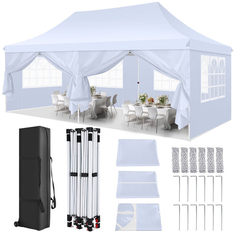 SANOPY 10' x 20' EZ Pop up Canopy Party Tent, Outdoor Event Instant Gazebo with 6 Removable Sidewalls for Camping Wedding Picnic, White-2JK