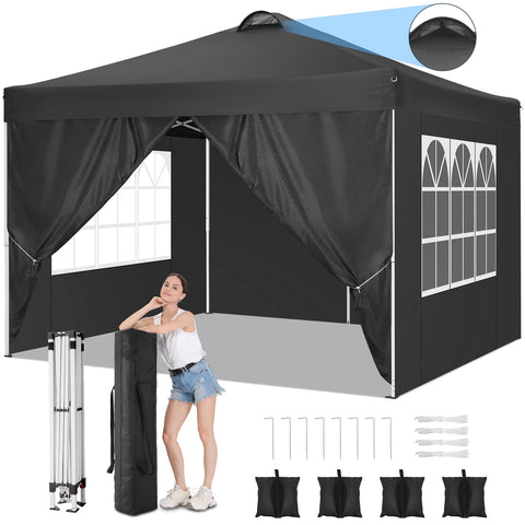 SANOPY 10'x10' EZ Pop Up Canopy with Top Vent, Large Commercial Tent, Waterproof and Sunproof with 4 Removable Sidewalls, Suitable for Weddings come with 4 Sandbags (Black)