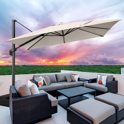 SANOPY 10x10 Patio Umbrella with Base, 360 Degree Rotation Outdoor Steel Market Patio Umbrella, Outdoor Cantilever Patio Umbrella with Crank, Tilt Button, Beige