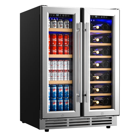 Simzlife 24 Inch Dual Zone Beverage Refrigerator with Glass Door Hold 21 Bottles&88 Cans,Built-in/Freestanding Wine Fridge for Home/Bar/Office