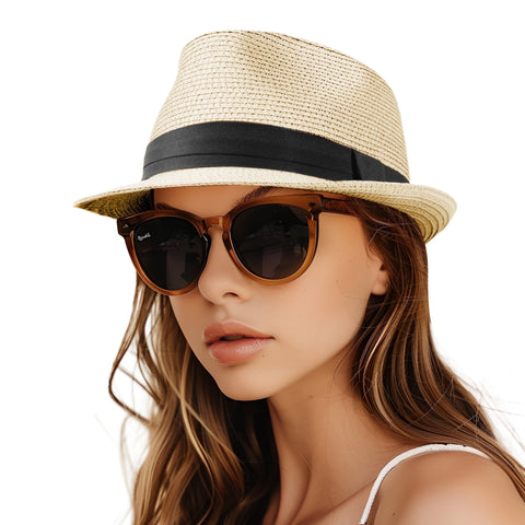 Straw Fedora Hat for Women Men Packable Short Brim Roll Up Trilby Hat Panama Summer Beach Sun Hat UPF 50+