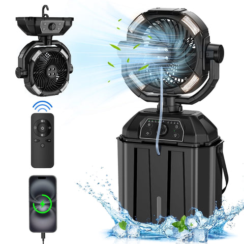 Tensea Cool Misting Fan Portable-6L Bucket,3 LED Light Camping Tent Fan with Mister,20000mAh USB Rechargeable Battery Powered Water Mister Fan for Outdoor & Indoor,Cvt Speed Fan Design & 4 Misters