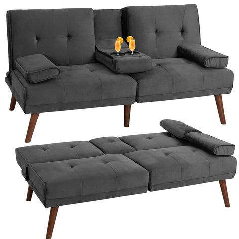 Walsunny 60”Convertible Sofa Bed Small Folding Loveseat Couch Removable Armrest, Modern Futon Recliner Sleeper wIth 2 Cup Holder Dark Gray