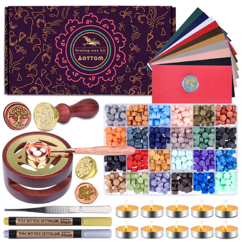 Aottom Wax Seal Stamp Kit with Gift Box Wax Letter Seal Kit with 24 Colors 650 Pcs Wax Seal Beads, Sealing Wax Warmer Wax Stamp, Metallic Pen for Gift and Decoration