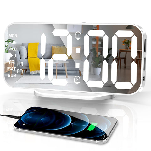 Digital Alarm Clock, Slim LED Mirror Desk Clocks for Bedrooms, Large Display with Diming Mode, Dual Alarms & USB Ports, 4 Levels Brightness, Modern Decoration for Home Living Room Decor, White