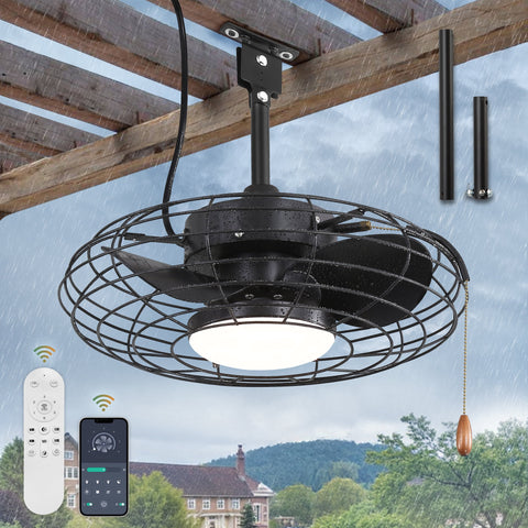 Zardon 18" Outdoor Caged Ceiling Fans with Lights and Remote Control, Dimmable, Waterproof, Black Blades