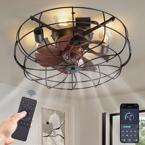 Zardon 20" Black Caged Ceiling Fans, Low Profile with Lights and Remote, Flush Mount Reversible 6 Speeds, Ideal for Indoor