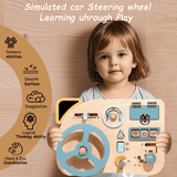 QXQ Montessori Busy Board Toy for Toddlers, Car Wooden Steering Wheel Sensory Board Educational Toys with 10 Motor Skills Activity, Driving Scene Travel Toys Toddlers Toy Gift for Boys and Girls