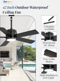 Zardon 42" Outdoor Ceiling Fan with Light - Remote Control, 6 Speeds, Waterproof, Black