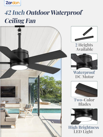Zardon 42" Outdoor Ceiling Fan with Light - Remote Control, 6 Speeds, Waterproof, Black