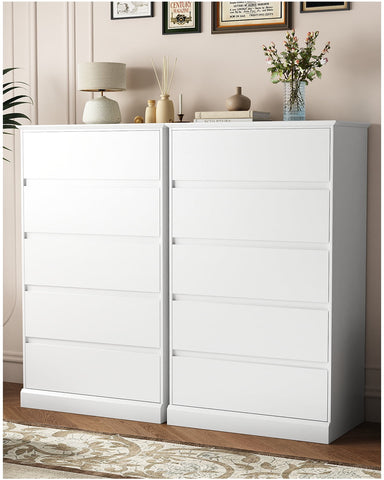 White Dresser for Bedroom with 5 Drawers, Tall Wood Drawer Dresser & Chest of Drawers for Closet, Living Room Hallway Kids Bedroom