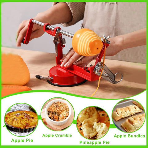 Apple Peeler Corer, 5 in-1 Apple Peeler Slicer Corer, Durable Heavy Duty Apple Peeler Slicer with Stainless Steel Blades and a Powerful Suction Base for Apples and Potato(Red)