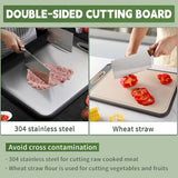 Cutting Board Double Sided, DOQAUS Stainless Steel Cutting Board for Kitchen, Food-Grade Stainless Steel and Wheat Straw PP, Chopping Boards with Groove for Meat Vegetables Home (Large 15''x10'')